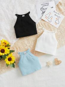 SHEIN 嬰兒3入組條紋針織掛脖上衣 - 淺藍色 - 查看 1