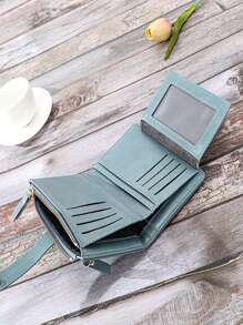 Textured Stitch Detail Button Decor Zip Front Portable Cash White-Collar Workers For Female College Work Business Commute Office For Anniversary For Couple For Birthday Gift On Valentine Day Gift Gift For Women Wallet Purse Wallet Small Wallet - Blue - View 5