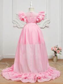 SHEIN 小女童荷葉邊網紗覆蓋派對禮服 - 淺粉色 - 查看 3