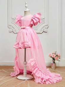 SHEIN 小女童荷葉邊網紗覆蓋派對禮服 - 淺粉色 - 查看 8