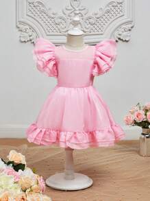 SHEIN 小女童荷葉邊網紗覆蓋派對禮服 - 淺粉色 - 查看 7