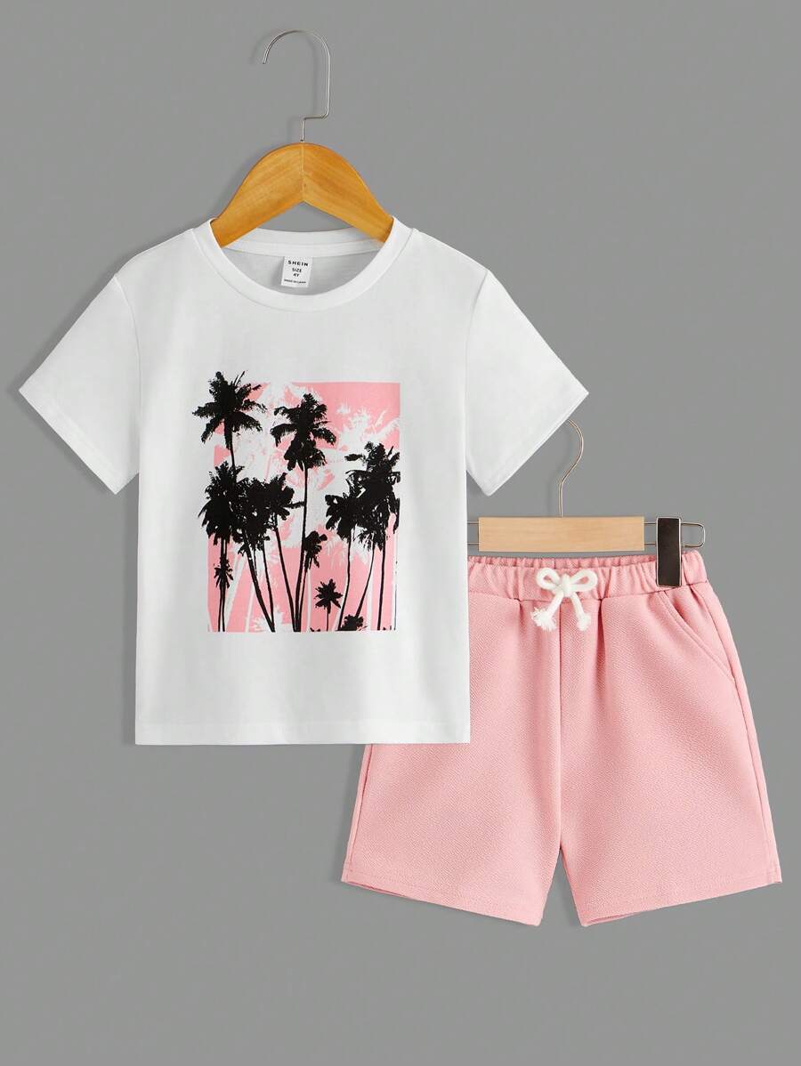SHEIN Leap Crew Young Boy Tropical Print Tee & Drawstring Waist Shorts