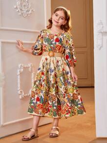 SHEIN Leap Crew 花卉印花灯笼袖腰带连衣裙,少女款