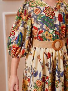 SHEIN Leap Crew 花卉印花灯笼袖腰带连衣裙,少女款