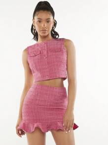 SHEINNeu 前紐扣短款背心和荷葉邊半身裙 - 粉色 - 查看 1