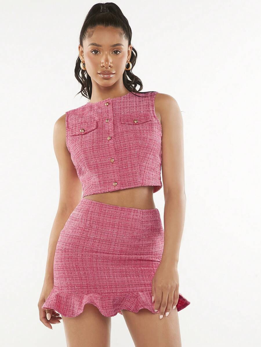 SHEINNeu 前紐扣短款背心和荷葉邊半身裙 - 粉色 - 查看 1