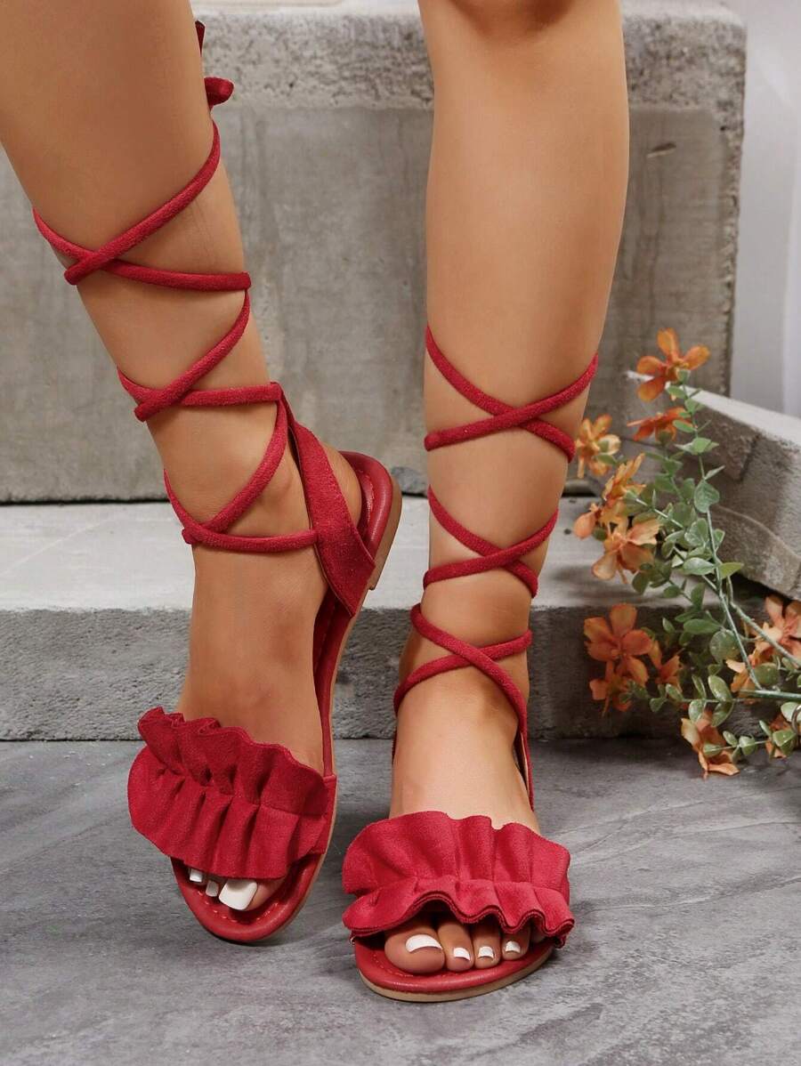 時尚紅色涼鞋適用於女士荷葉邊腿部繫帶設計仿麂皮綁帶涼鞋