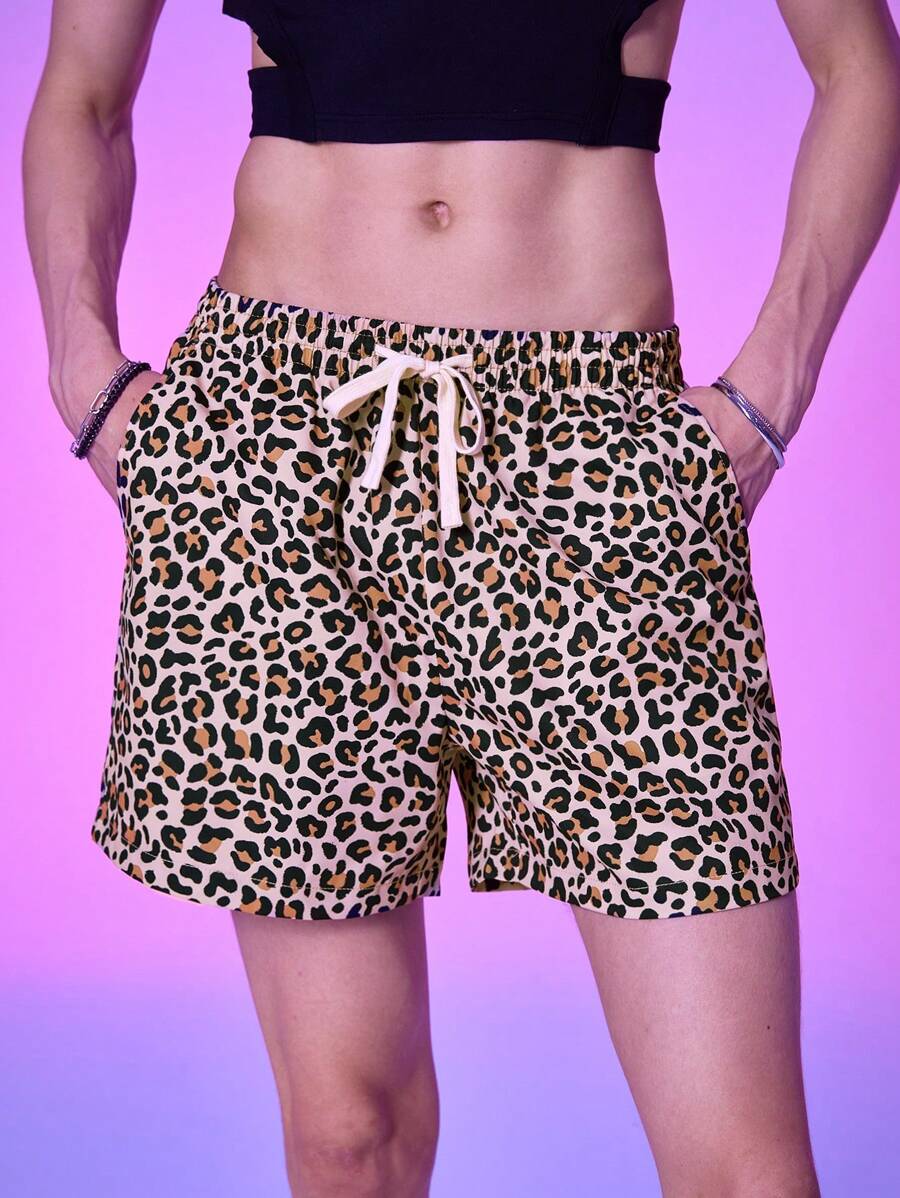 Manfinity Fever City 男士豹紋印花腰部抽繩短褲 - 卡其色 - 查看 1