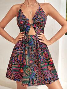 SHEIN VCAY Đầm Lộ Lưng Cắt ra Nhẫn Buộc lại Bộ lạc Boho - Nhiều màu - Xem 4