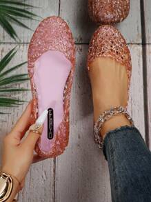 Sandalias de jalea de plástico de talla grande 41-43 para mujer, con diseño de pajarera, transpirables para la playa, de slip-on, planas y versátiles - Rosa Pálido - Ver 3