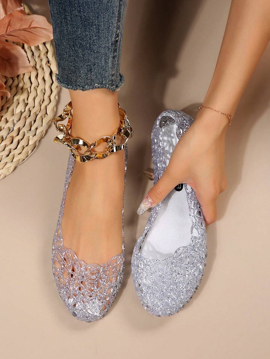 Sandálias de Plástico para Mulheres no Outono/Inverno, Sapatos de Gelatina de Bico Fechado para o Verão, Respiráveis e Tipo Ninho de Pássaro para Praia, Planos e Versáteis, Plus Size 41-43
