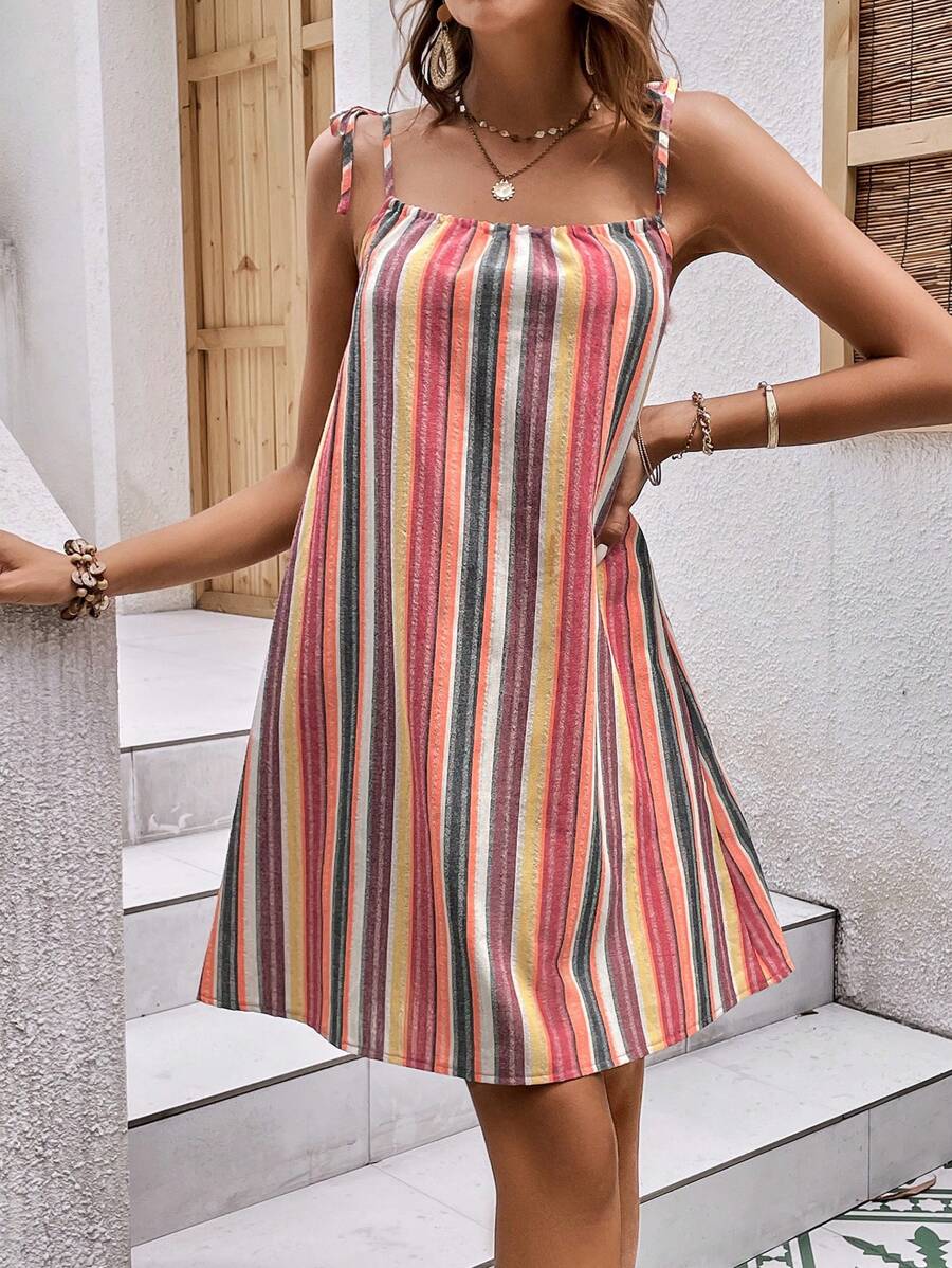 SHEIN VCAY Đầm Thắt nút Sọc Boho - Nhiều màu - Xem 1