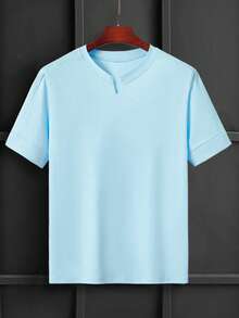 Manfinity Homme 男士棉素色缺口領T恤 - 淺藍色 - 查看 2