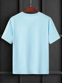 Manfinity Homme 男士棉素色缺口領T恤 - 淺藍色 - 查看 3