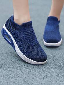 Sporty Sneakers For Women, Striped Pattern Slip On Rocking Shoes - Blue - View 3
