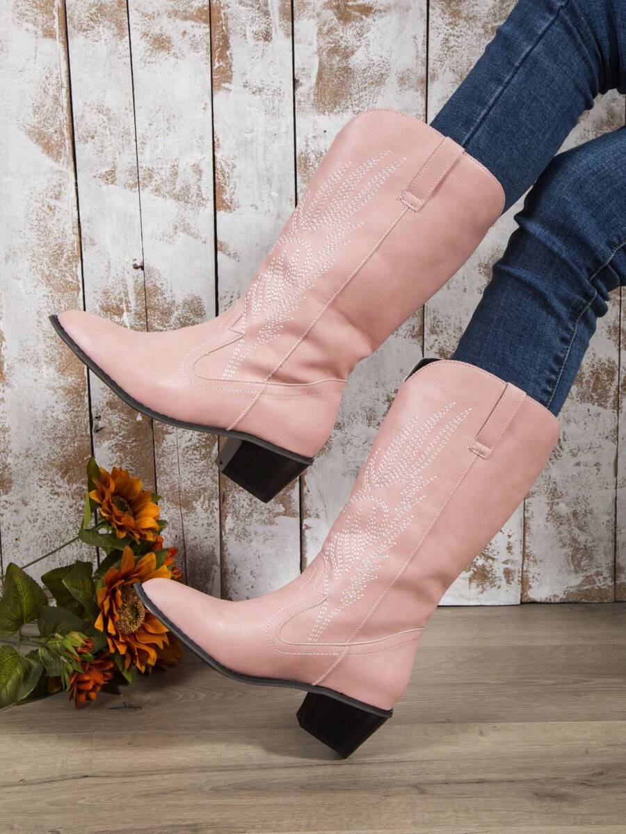 時尚粉色靴子適用於女士針腳細節一腳蹬西部牛仔靴 - 粉色 - 查看 1