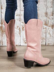 時尚粉色靴子適用於女士針腳細節一腳蹬西部牛仔靴 - 粉色 - 查看 3