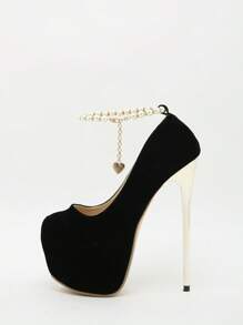 魅力四射黑色高跟鞋適用於女士人造珍珠裝飾防水台細跟仿麂皮踝帶高跟單鞋 - 黑色 - 查看 3