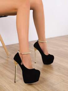 魅力四射黑色高跟鞋適用於女士人造珍珠裝飾防水台細跟仿麂皮踝帶高跟單鞋 - 黑色 - 查看 5