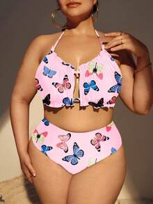 Plus Size In Hình Bướm Diềm Viền Halter Bộ Bikini Đi Biển Mùa Hè - Màu Hồng baby - Xem 2