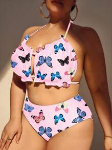 Plus Size In Hình Bướm Diềm Viền Halter Bộ Bikini Đi Biển Mùa Hè - Màu Hồng baby - Xem 1
