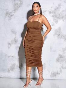 SHEIN BAE 大碼褶邊緊身連衣裙 - 咖啡棕 - 查看 3