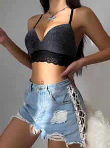 蕾絲拼接無鋼圈文胸 - 黑色 - 查看 3