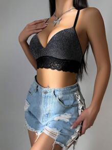 蕾絲拼接無鋼圈文胸 - 黑色 - 查看 5