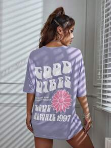SHEIN Unity Floral & Slogan Graphic Drop Shoulder Tee - Purple - View 4
