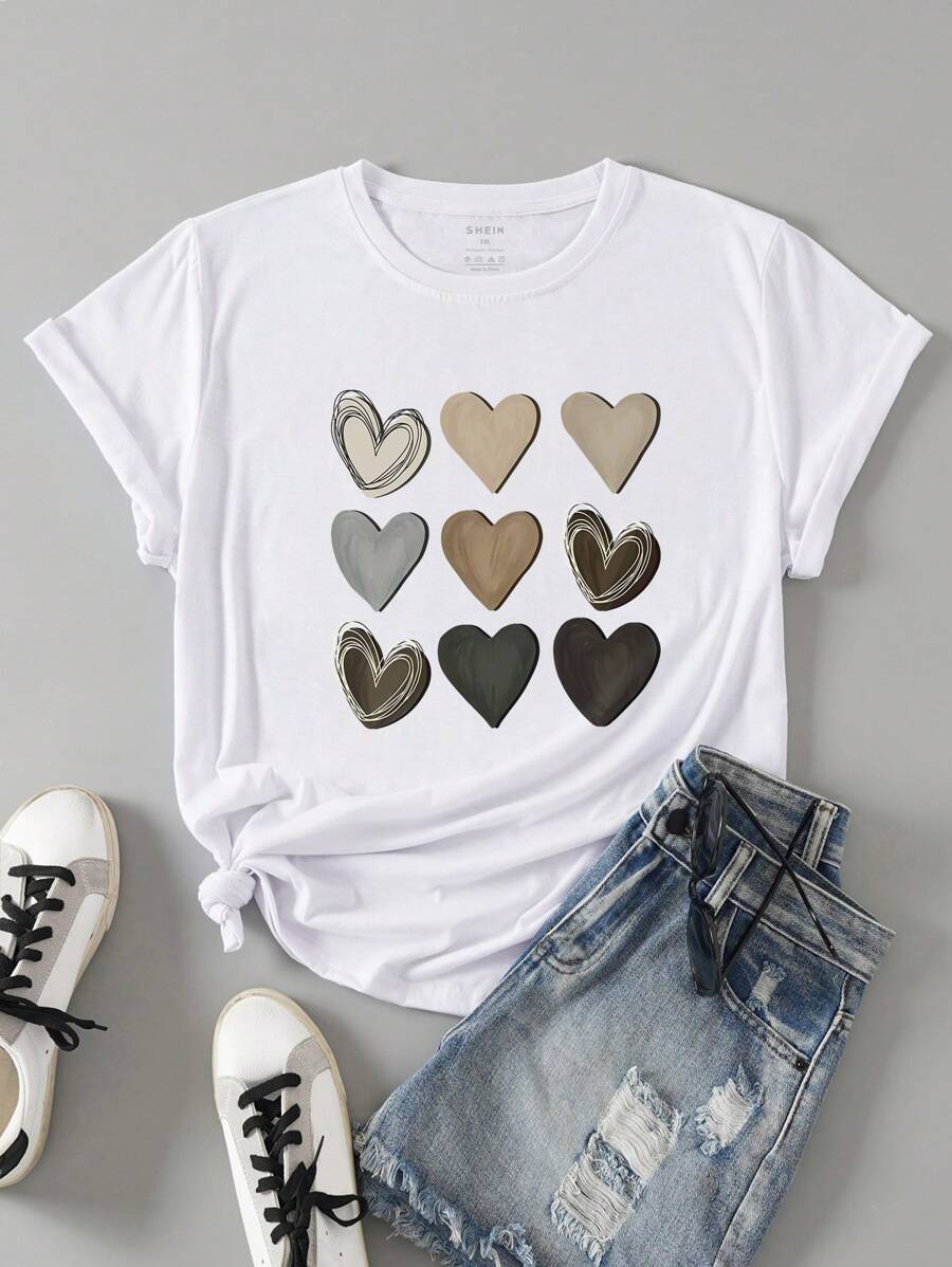 INAWLY Plus Heart Print Tee For Summer - White - View 1