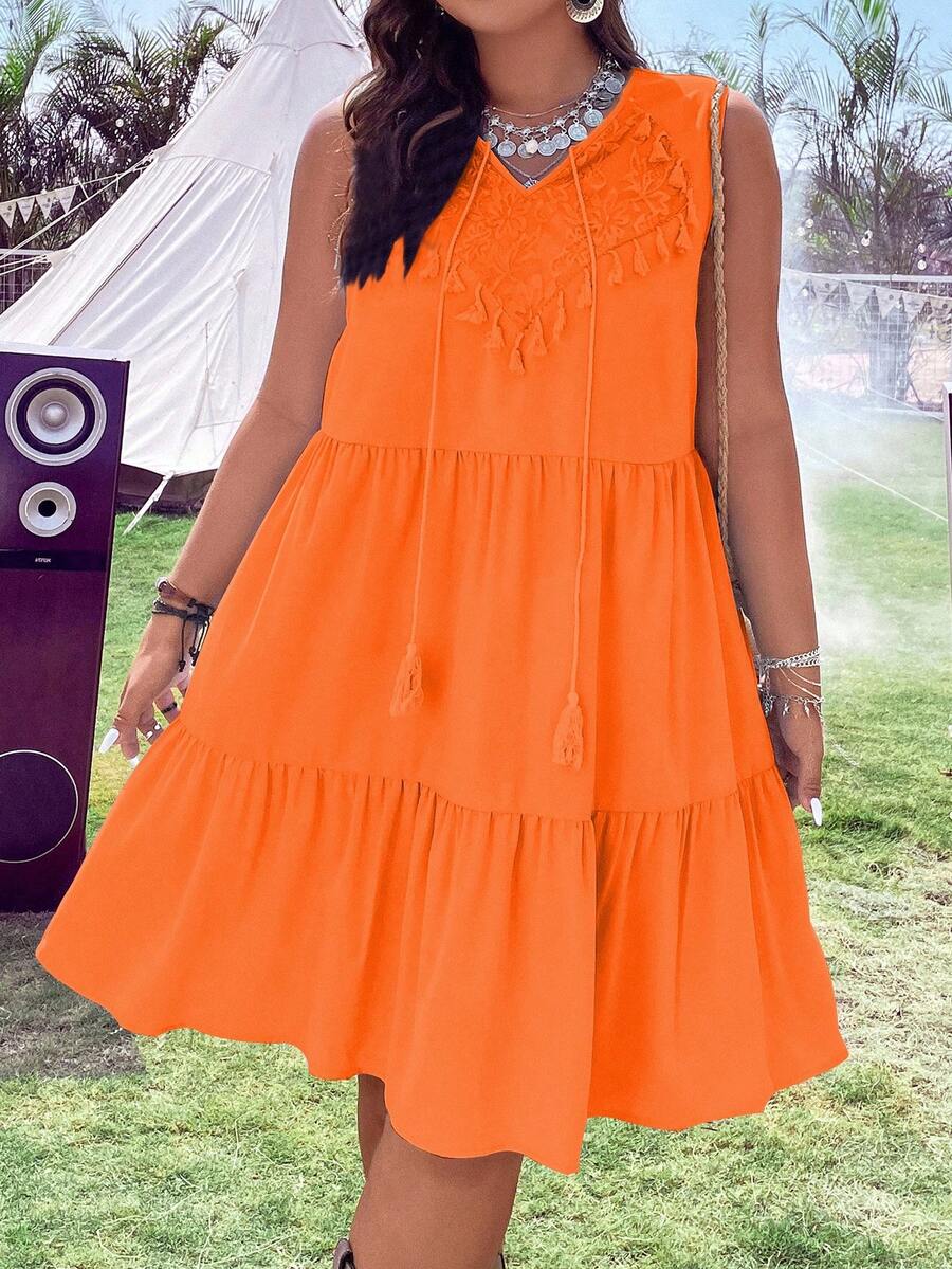 SHEIN Holidaya Đầm Plus Size Tương phản ren mép Viên lá sen màu trơn Dễ thương - Màu Cam cháy - Xem 1