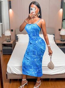 SHEIN Clasi Marble Print Cami Bodycon Dress Maxi Women Outfit - Baby Blue - View 6