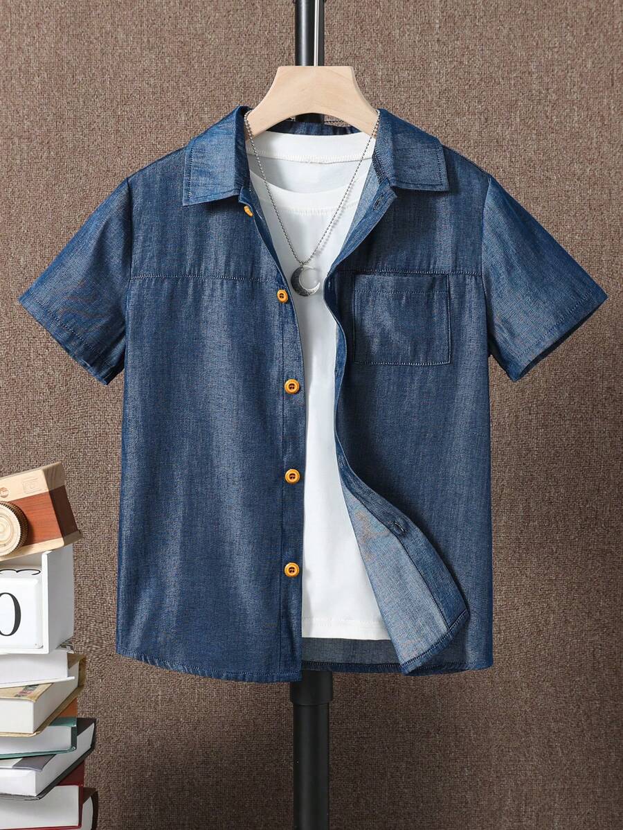 SHEIN Áo sơ mi Trai Túi Nút phía trước màu trơn Giải trí - Màu xanh lam - Xem 1