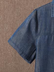 SHEIN Áo sơ mi Trai Túi Nút phía trước màu trơn Giải trí - Màu xanh lam - Xem 4