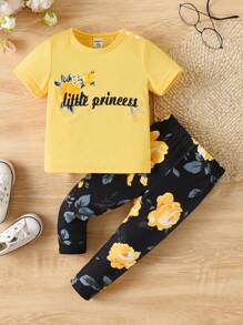 Đứa bé gái Đồ họa hoa & chữ Áo thun và Leggings - Màu vàng - Xem 1
