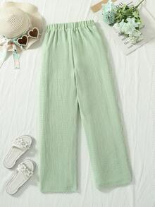 SHEIN Quần con gái Dây kéo Túi Thắt nút màu trơn Giải trí - màu xanh lá - Xem 2