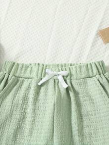 SHEIN Quần con gái Dây kéo Túi Thắt nút màu trơn Giải trí - màu xanh lá - Xem 3