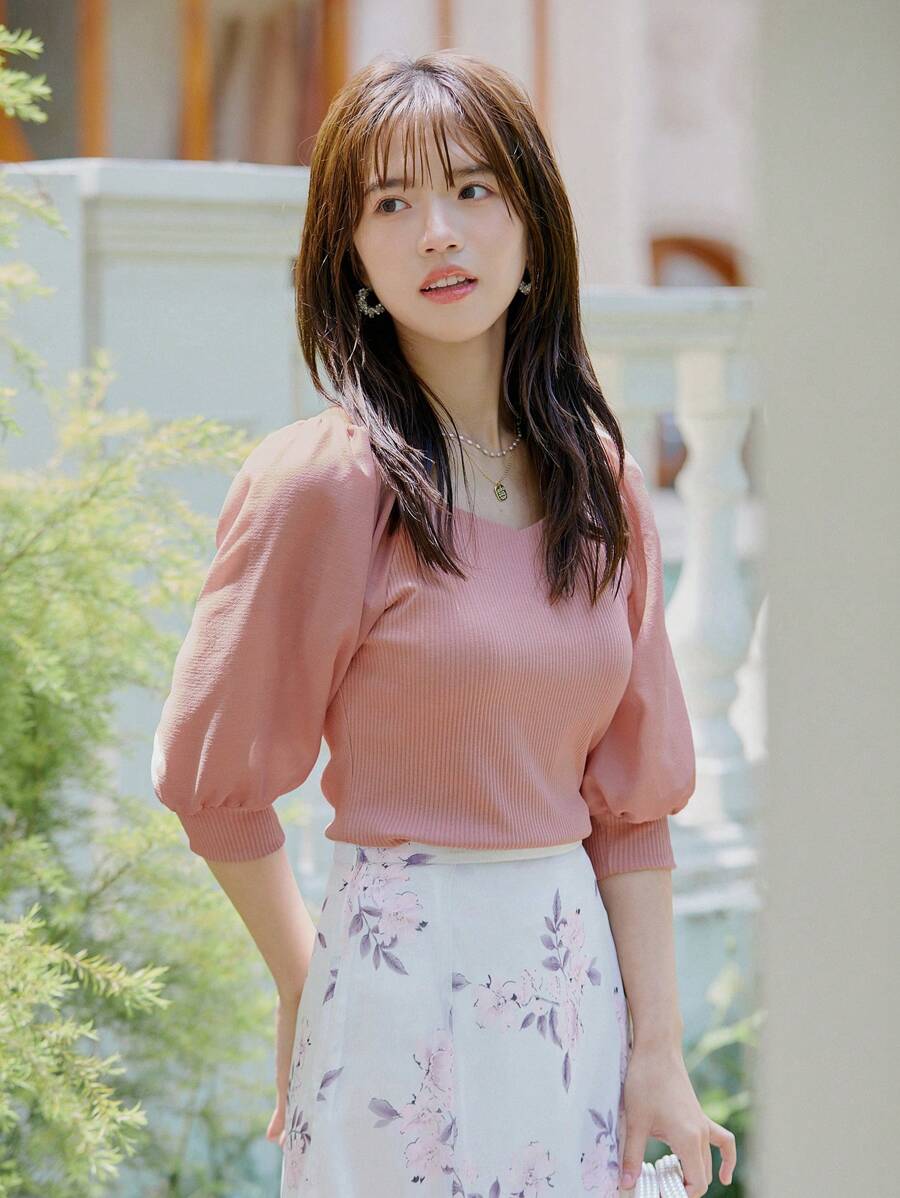 DAZY Solid Puff Sleeve Tee - Pink - View 1