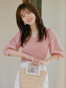 DAZY Solid Puff Sleeve Tee - Pink - View 3
