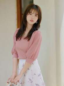 DAZY Solid Puff Sleeve Tee - Pink - View 8