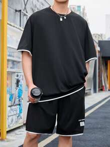 Manfinity Hypemode Men Contrast Trim Drop Shoulder Tee & Shorts - Black - View 1