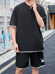 Manfinity Hypemode Men Contrast Trim Drop Shoulder Tee & Shorts - Black - View 3