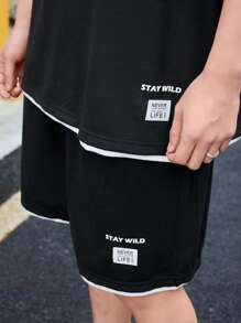 Manfinity Hypemode Men Contrast Trim Drop Shoulder Tee & Shorts - Black - View 5