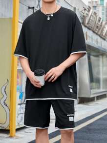 Manfinity Hypemode Men Contrast Trim Drop Shoulder Tee & Shorts - Black - View 6