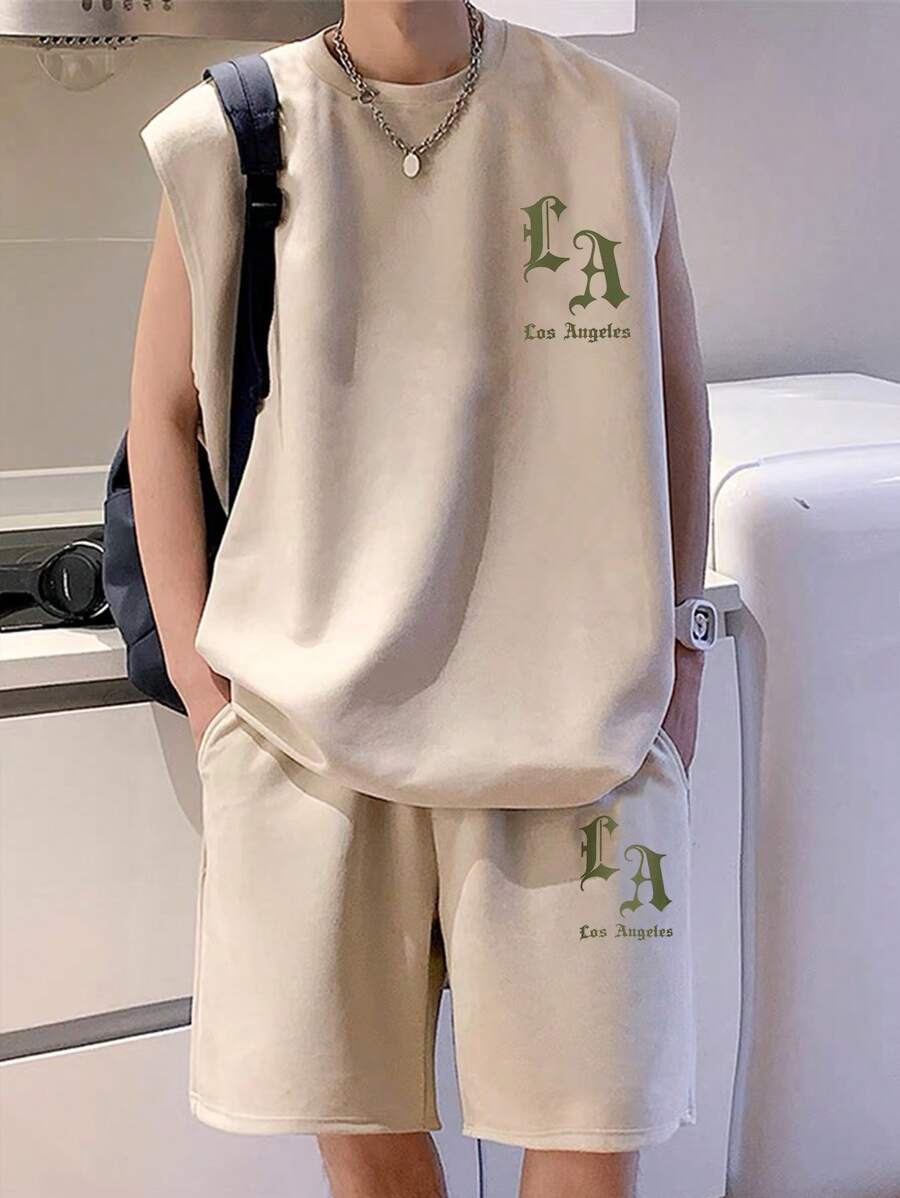 Claim Dot Men Letter Graphic Tank Top & Drawstring Waist Shorts