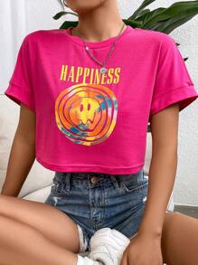 SHEIN Unity Letter & Cartoon Graphic Crop Tee - Hot Pink - View 3