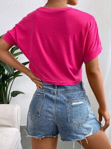 SHEIN Unity Letter & Cartoon Graphic Crop Tee - Hot Pink - View 2
