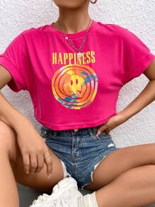 SHEIN Unity Letter & Cartoon Graphic Crop Tee - Hot Pink - View 4