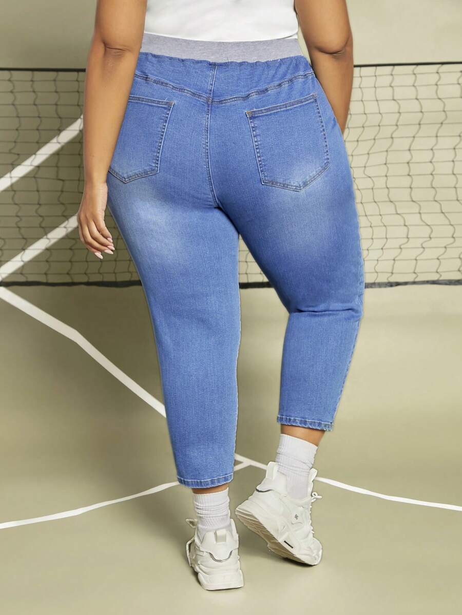 SHEIN CURVE+ 大碼高腰緊身牛仔褲 - 中等水洗藍 - 查看 1