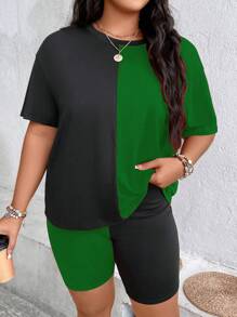 Flirla Bộ thời trang Plus Size Khối Màu Giải trí - màu xanh lá - Xem 3